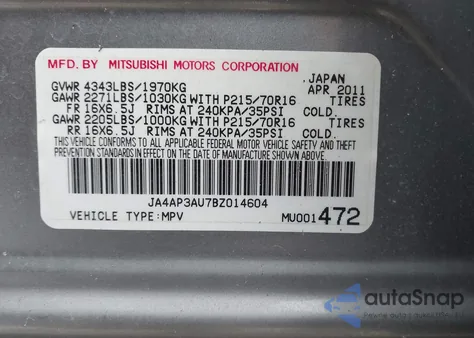 2011 Mitsubishi Outlander Sport Es z USA, uszkodzony, nr VIN JA4AP3AU7BZ014604